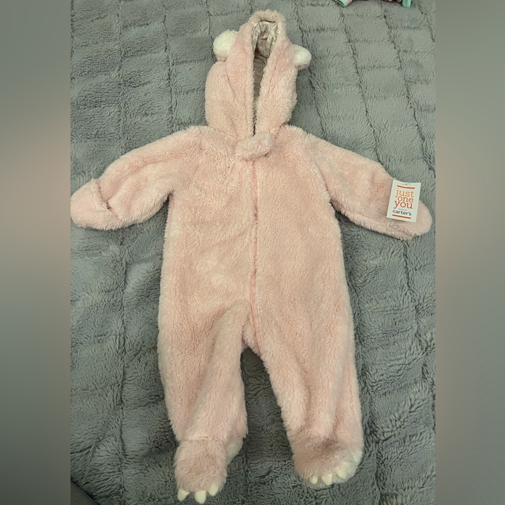 Carters pink teddy bear hooded jumpsuit for baby